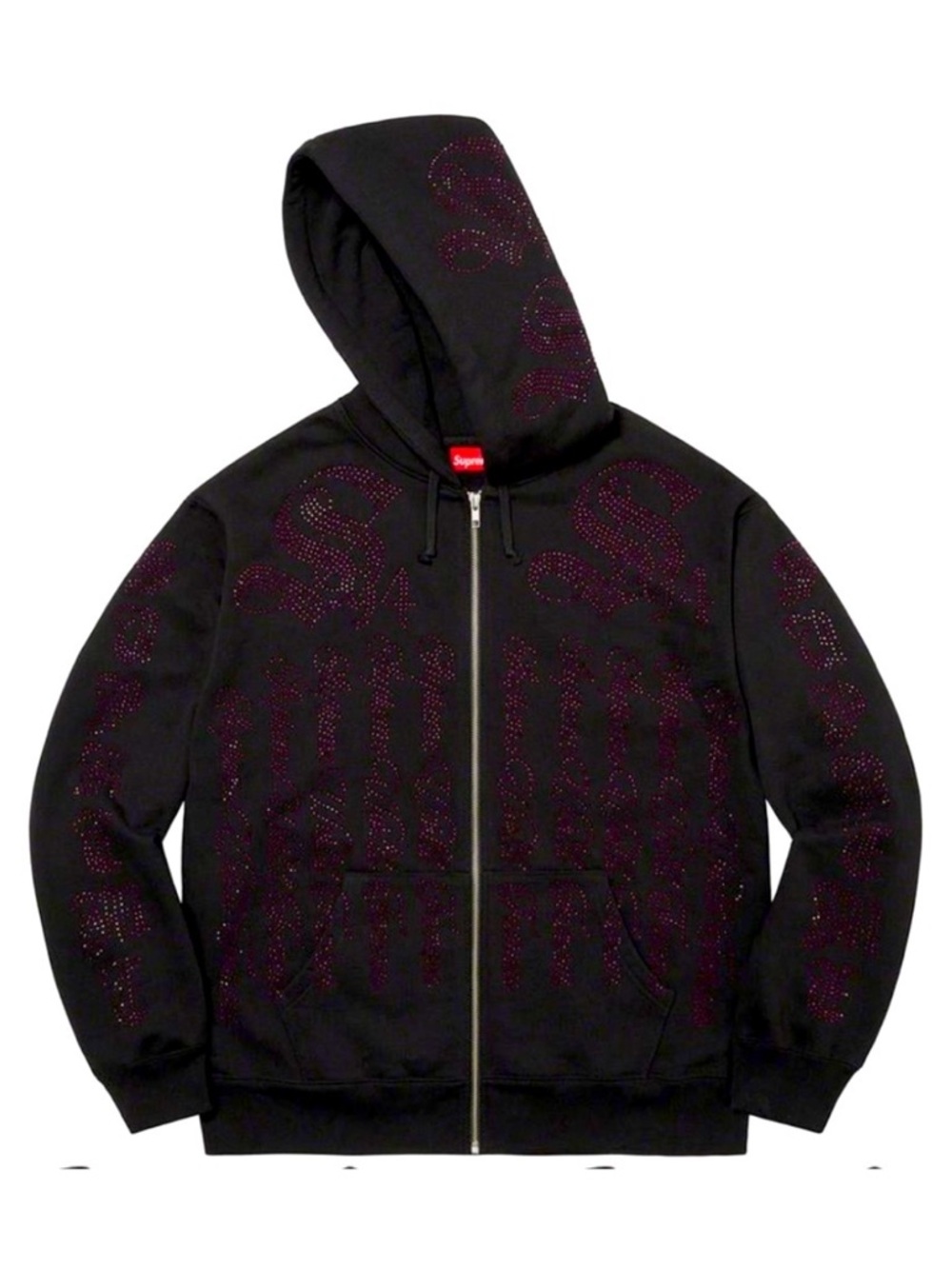 Supreme Black Hoodie Pink Rhinestone Zip Up Hooded Sweatshirt SS22 Large